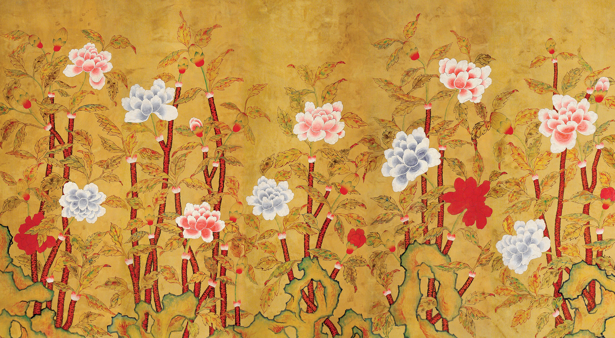 Обои ручная роспись Korean Peony Original colourway on Edo Golden Brown painted silk Обои ручная роспись Korean Peony Original colourway on Edo Golden Brown painted silk - постер Loft-Concept в Саратове