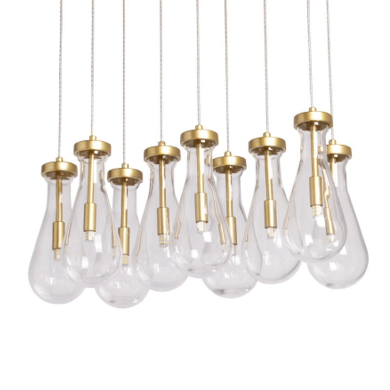 Люстра с 9-ю прозрачными стеклянными плафонами в форме капли Lucid Rain  Золотой Прозрачный в Саратове | Loft Concept 
