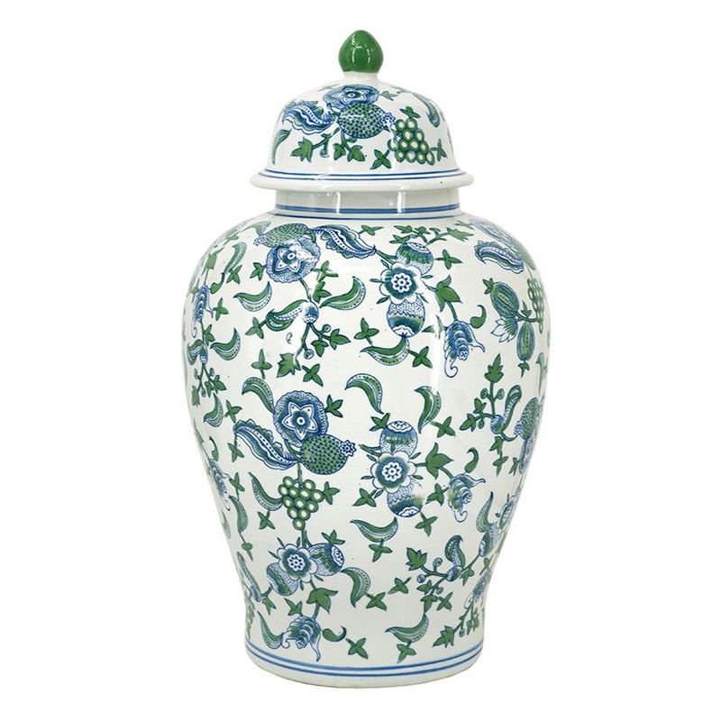 Ваза с крышкой и зелено-голубым цветочным узором на белом фоне Blue & White Ornament Белый Синий в Саратове | Loft Concept 