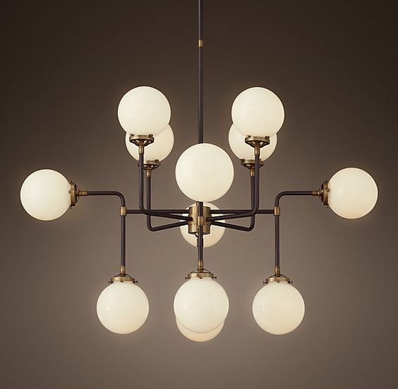 Люстра RH Bistro Globe Milk Glass 12-Light Chandelier Латунь Черный Белый в Саратове | Loft Concept 