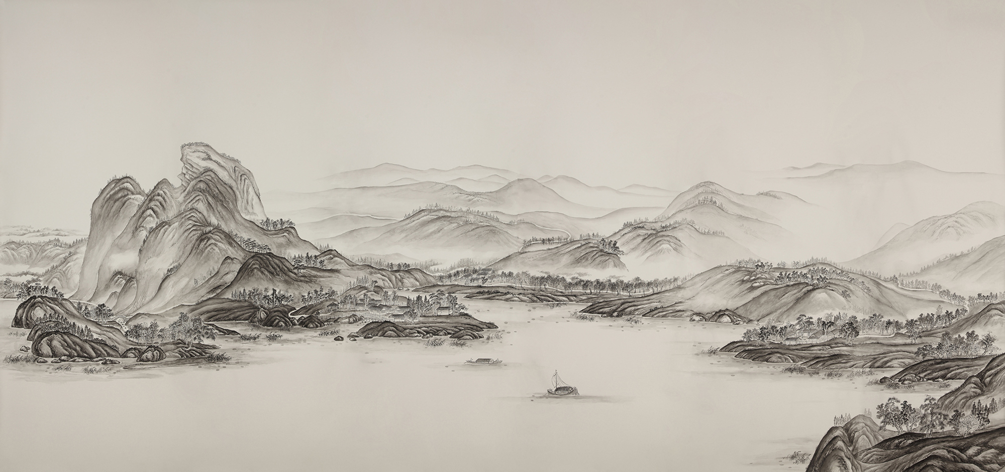 Обои ручная роспись A Thousand Li of Rivers and Mountains Special Colourway on Bleached White dyed silk Обои ручная роспись A Thousand Li of Rivers and Mountains Special Colourway on Bleached White dyed silk - постер Loft-Concept в Саратове