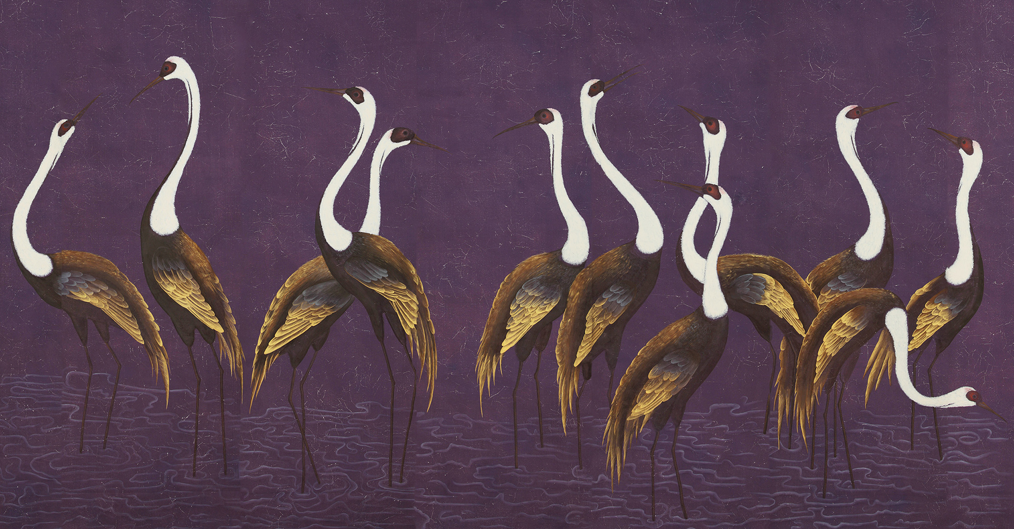 Обои ручная роспись Sarus Cranes Original colourway on Edo purple painted Xuan paper Обои ручная роспись Sarus Cranes Original colourway on Edo purple painted Xuan paper - постер Loft-Concept в Саратове