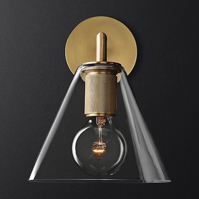 Бра RH Utilitaire Funnel Shade Single Sconce Brass Прозрачное Стекло Латунь в Саратове | Loft Concept 