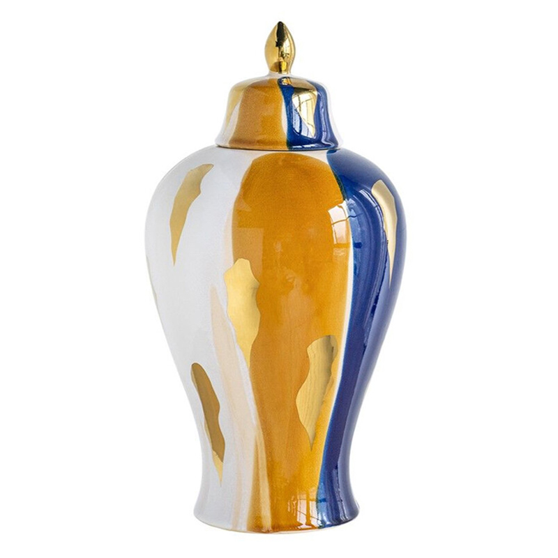 Ваза с крышкой и мазками синего и золого цвета на белом фоне Chinoiserie Ceramics Белый Оранжевый Золотой Синий Ваза с крышкой и мазками синего и золого цвета на белом фоне Chinoiserie Ceramics Белый Оранжевый Золотой Синий в Саратове | Loft Concept