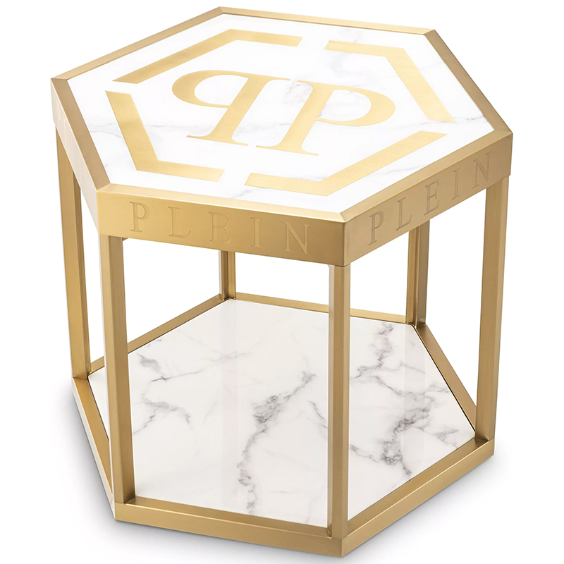 Приставной стол Philipp Plein Side Table Billionaire Золотой Белый Мрамор Bianco в Саратове | Loft Concept 