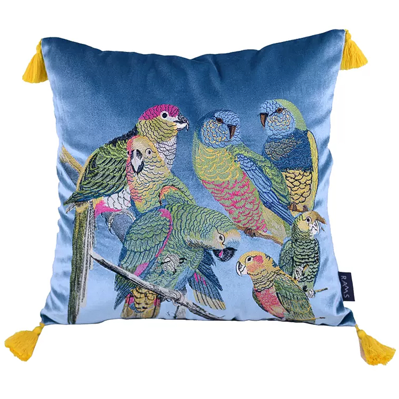 Декоративная подушка с вышивкой Embroidery Parrots Pillow Blue Голубой Мульти в Саратове | Loft Concept 