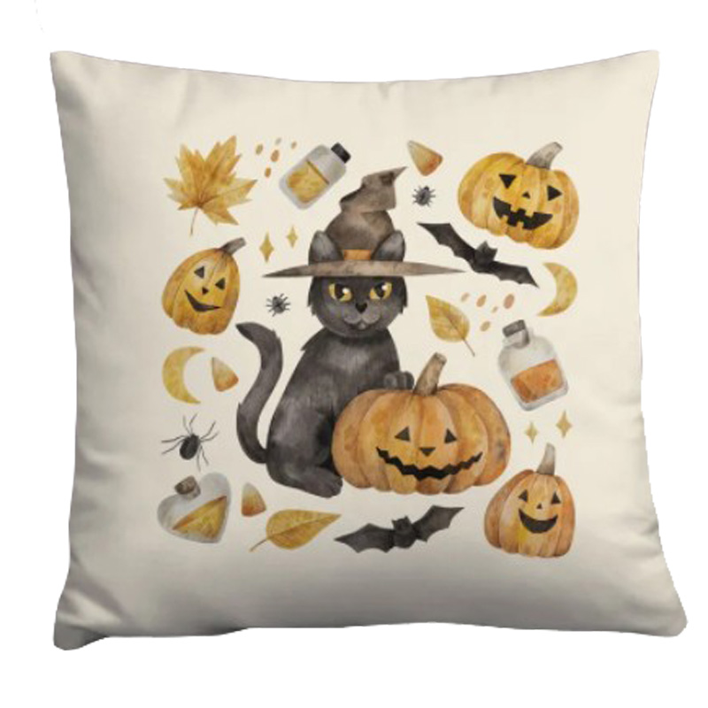 Подушка Halloween Pumpkin Cat Белый Оранжевый Серый в Саратове | Loft Concept 