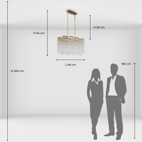 Люстра прямоугольная на цепях с прозрачными трубками и волнистым краем Nembus в Саратове