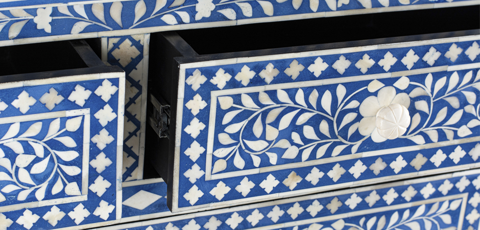 Комод Синий узор отделка кость Bone Inlay Dresser Blue Floral Design Chest of Drawers - фото №1