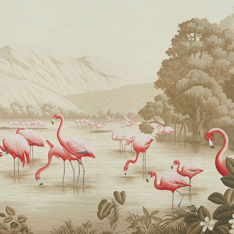 Обои ручная роспись Flamingos Flamingo on Sepia scenic paper  в Саратове | Loft Concept 