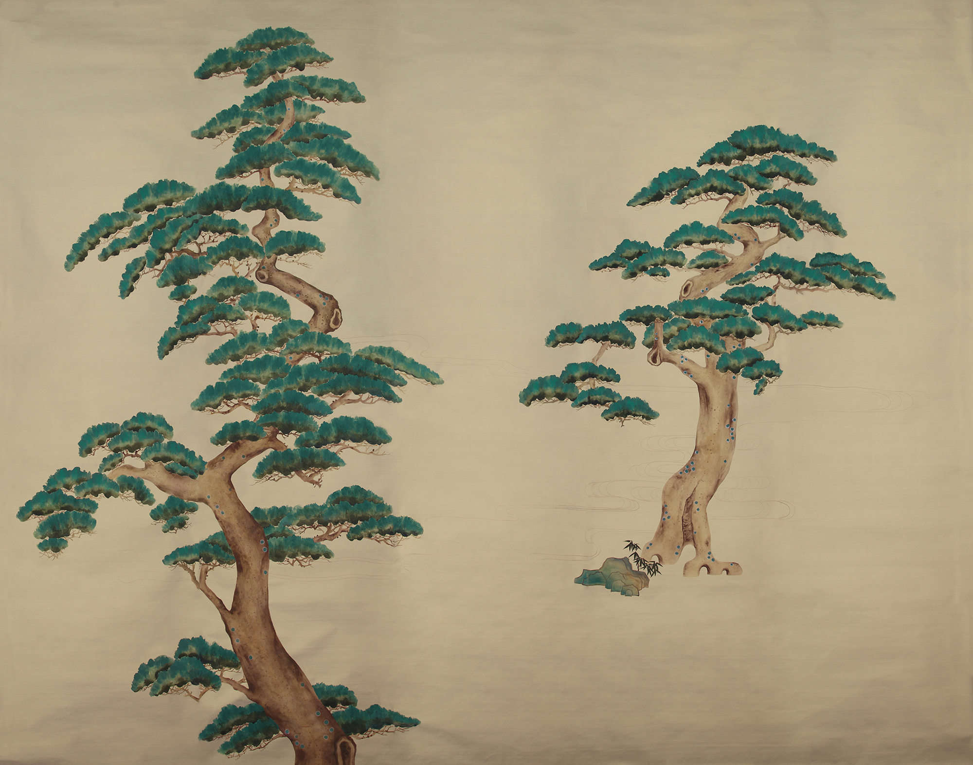 Обои ручная роспись Pine Trees Original colourway on New Faint Gold metallic silk Обои ручная роспись Pine Trees Original colourway on New Faint Gold metallic silk - постер Loft-Concept в Саратове