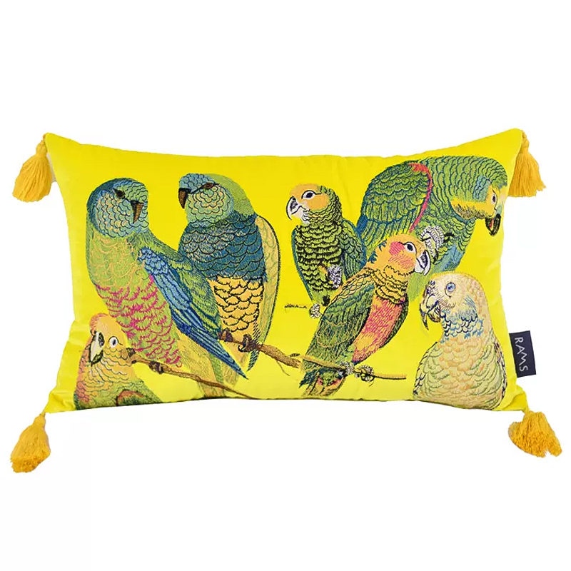 Декоративная подушка с вышивкой Embroidery Parrots Long Pillow Yellow Желтый Мульти в Саратове | Loft Concept 