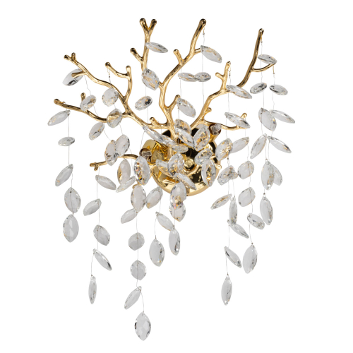 Бра золотого цвета с декоративными ветвями и прозрачными подвесками в форме листьев Droplet Chandelier Золотой Прозрачный в Саратове | Loft Concept 