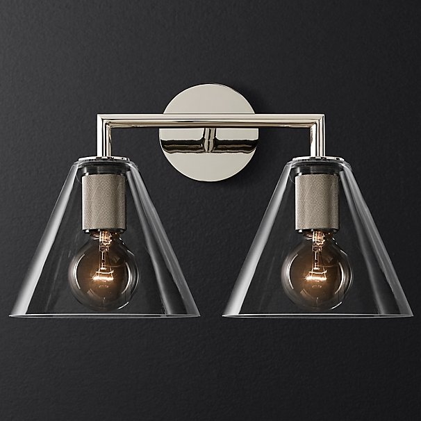 Бра RH Utilitaire Funnel Shade Double Sconce Silver Прозрачное Стекло Никель в Саратове | Loft Concept 