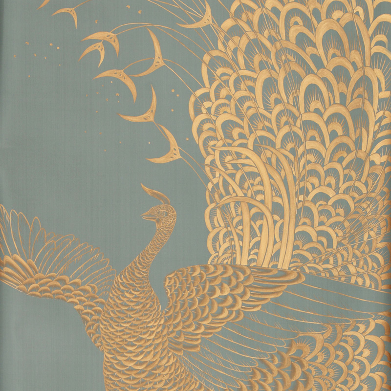 Обои ручная роспись в стиле Арт-деко Whistler Peacocks Golden colourway on Blue Grey dyed silk  в Саратове | Loft Concept 