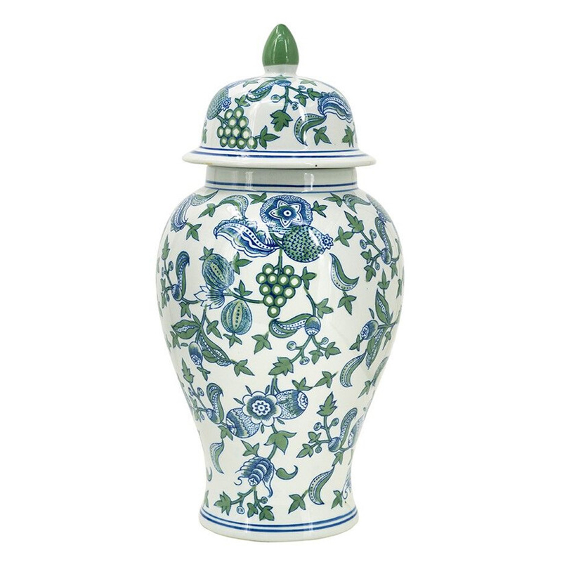 Ваза с крышкой и зелено-голубым рисунком на белом фоне 51 см Blue & White Ornament Белый Синий в Саратове | Loft Concept 