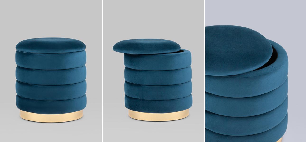 Пуф с ящиком Charlotte синий Glossy Velor - фото