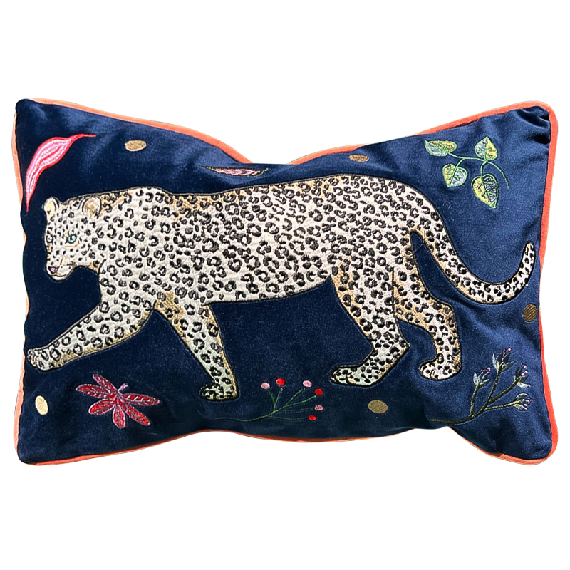 Декоративная подушка с вышивкой Panther Embroidery Cushion Темно-синий Мульти в Саратове | Loft Concept 