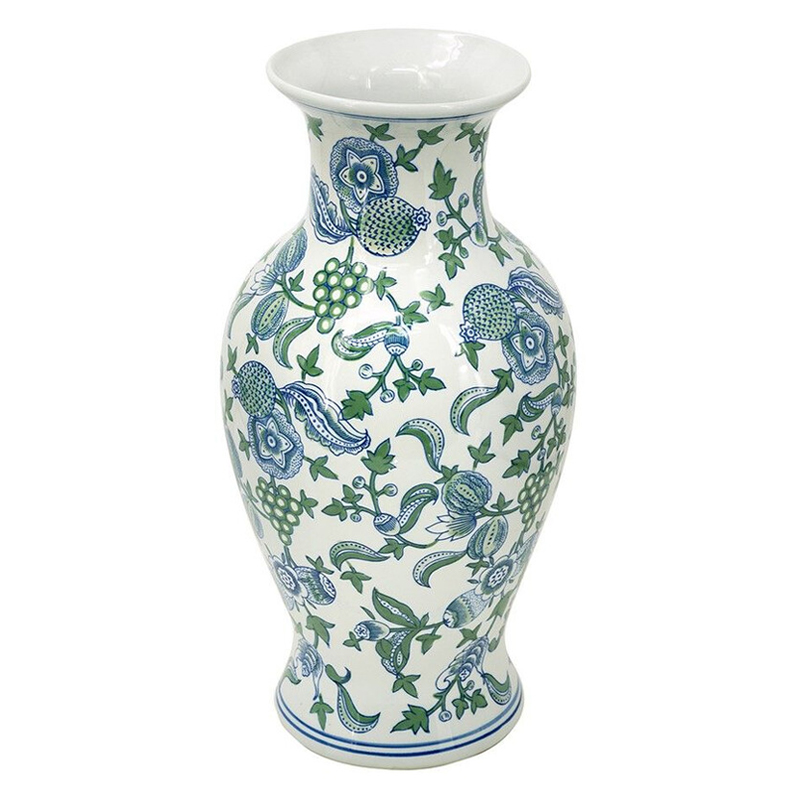 Ваза с зелено-голубым цветочным узором на белом фоне 47 см Blue & White Ornament Белый Синий Зеленый в Саратове | Loft Concept 