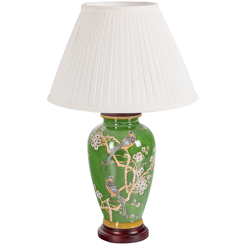 Настольная лампа с абажуром Birds Green Chinoiserie Lampshade Зеленый Белый Коричневый в Саратове | Loft Concept 