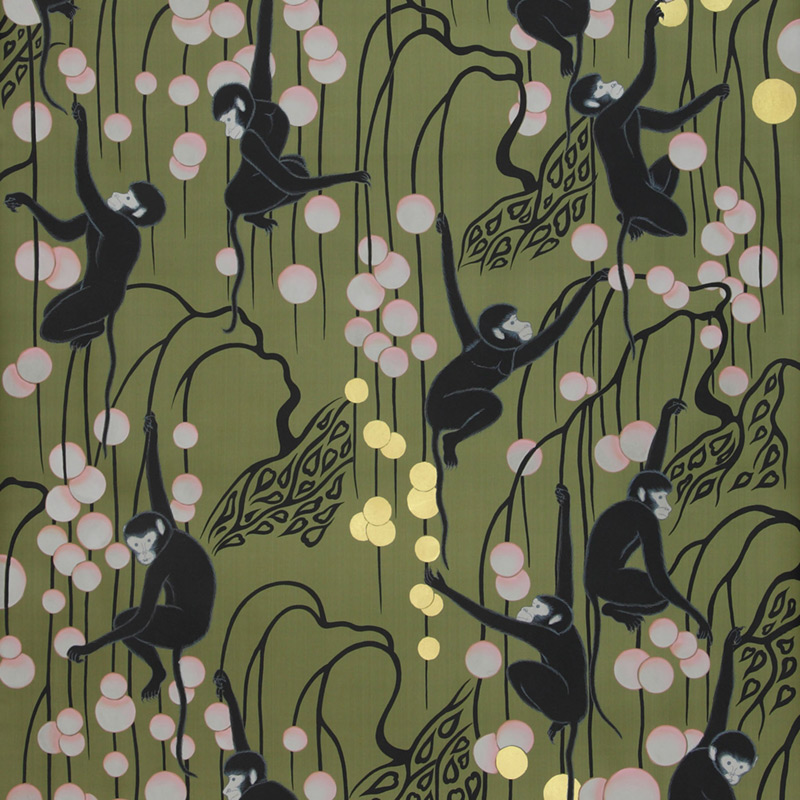 Обои ручная роспись Deco Monkeys Special Colourway on Olive dyed silk  в Саратове | Loft Concept 