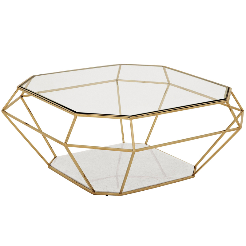 Кофейный стол Eichholtz Coffee Table Asscher Золотой Прозрачный Белый Мрамор Bianco в Саратове | Loft Concept 