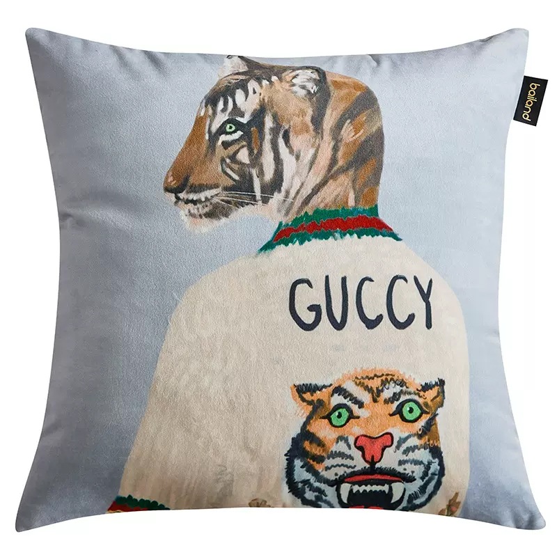 Декоративная подушка Стиль Gucci Tiger Cushion Grey Серый Мульти в Саратове | Loft Concept 