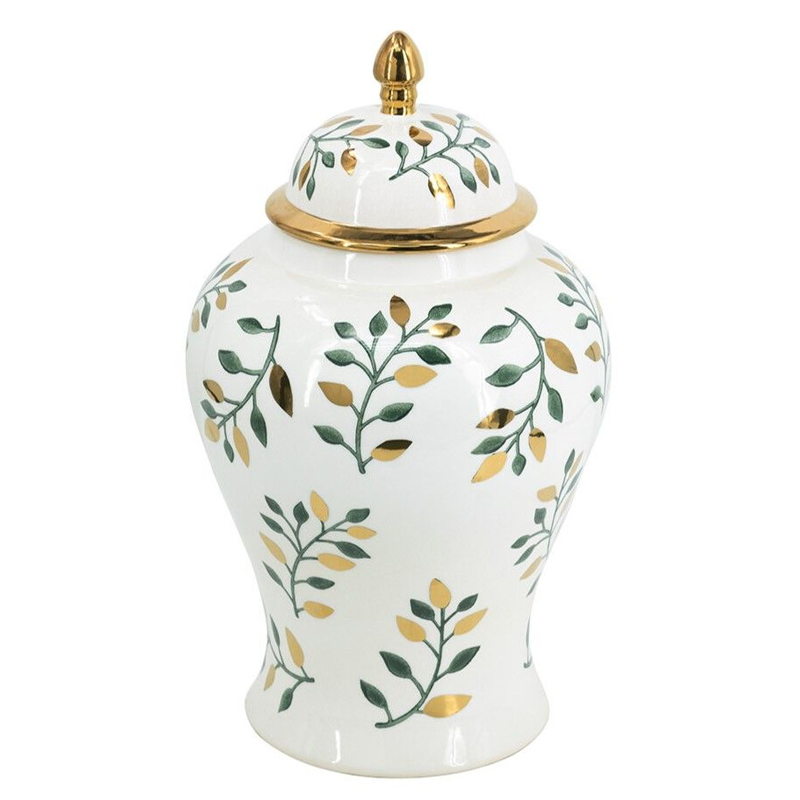 Ваза белая с крышкой с рисунком зеленых и золотых листьев 48 см Chinoiserie Ceramics Белый Зеленый Золотой Ваза белая с крышкой с рисунком зеленых и золотых листьев 48 см Chinoiserie Ceramics Белый Зеленый Золотой в Саратове | Loft Concept