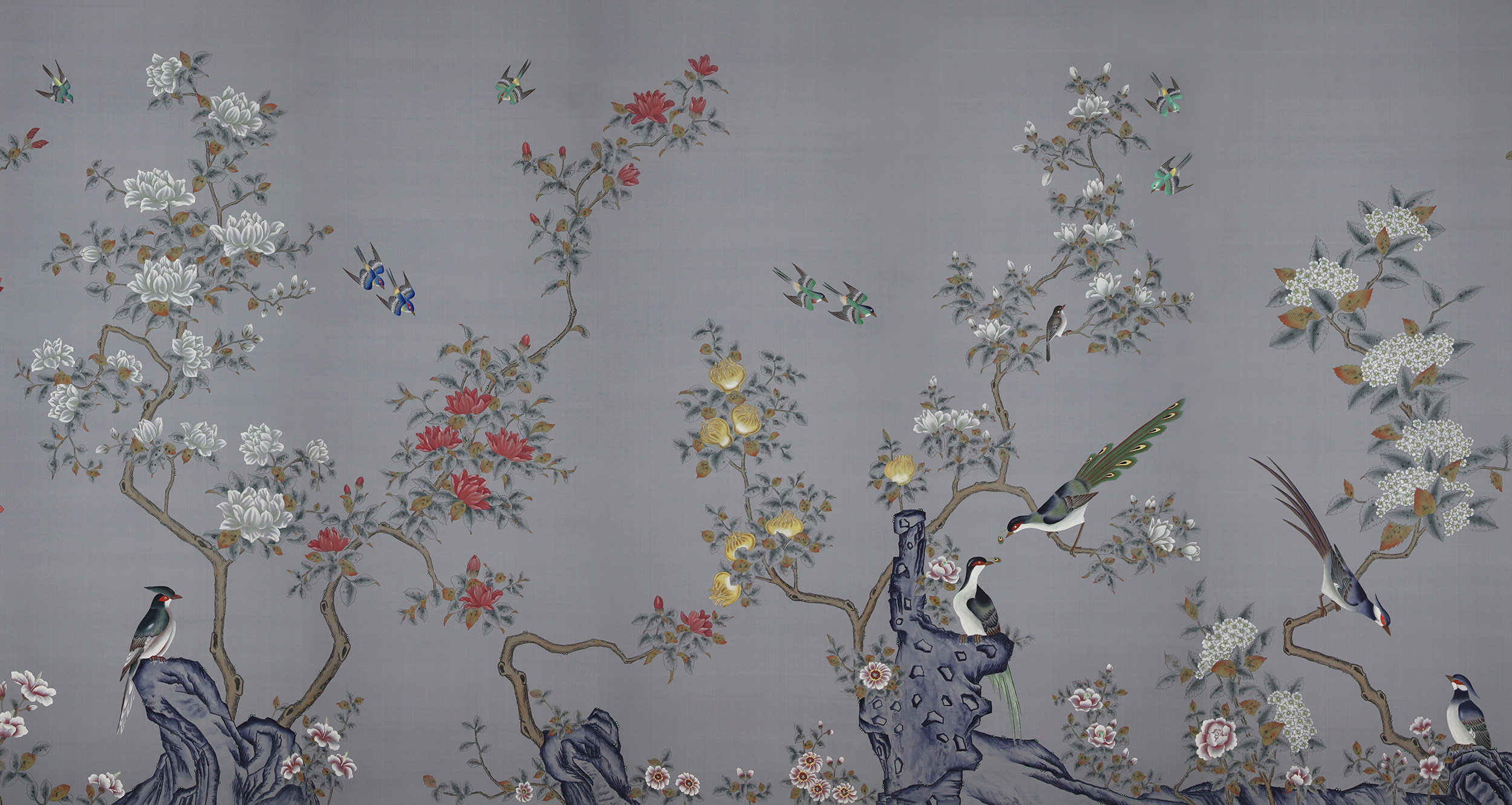 Обои ручная роспись Japanese Garden Original colourway on Gun Metal dyed silk Обои ручная роспись Japanese Garden Original colourway on Gun Metal dyed silk - постер Loft-Concept в Саратове