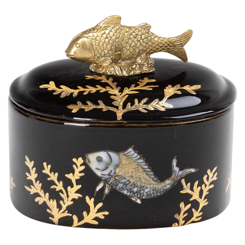 Шкатулка черная фарфоровая Золотая Рыбка Gold fish Черный Золотой Шкатулка черная фарфоровая Золотая Рыбка Gold fish Черный Золотой в Саратове | Loft Concept