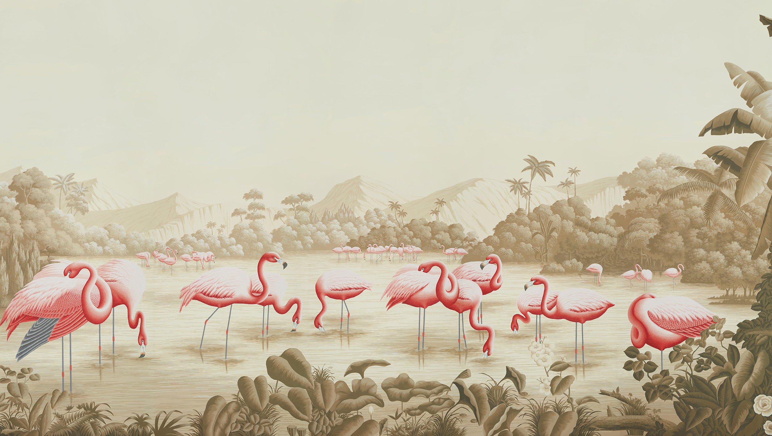 Обои ручная роспись Flamingos Flamingo on Sepia scenic paper Обои ручная роспись Flamingos Flamingo on Sepia scenic paper - постер Loft-Concept в Саратове