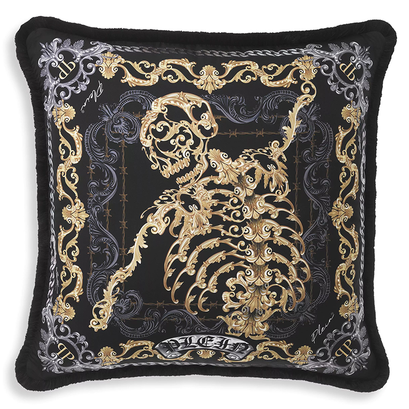 Подушка Philipp Plein Cushion Silk Skeleton 70 x 70 cm Черный Золотой Серый в Саратове | Loft Concept 