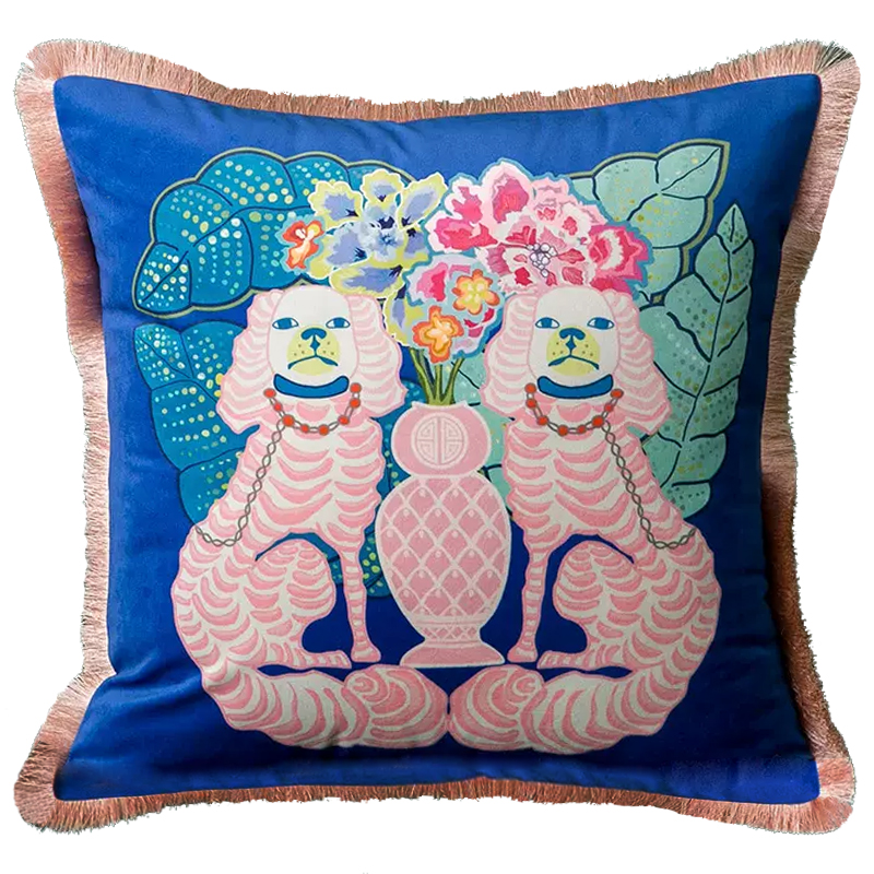 Декоративная подушка Two Pink Dogs on Blue Cushion Синий Розовый Мульти в Саратове | Loft Concept 