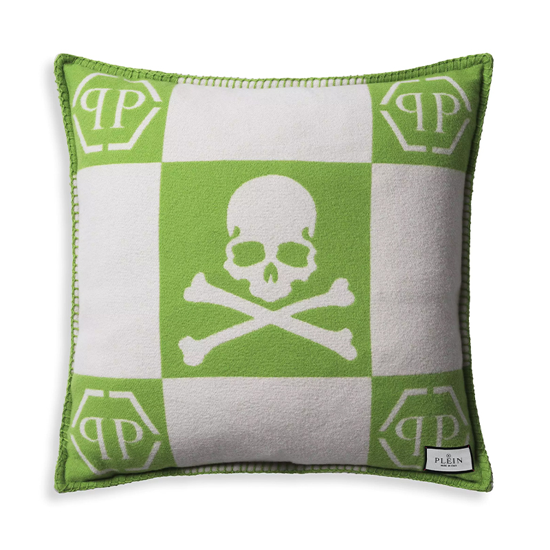 Подушка Philipp Plein Cushion Cashmere Skull 45 x 45 Green Зеленый Белый в Саратове | Loft Concept 