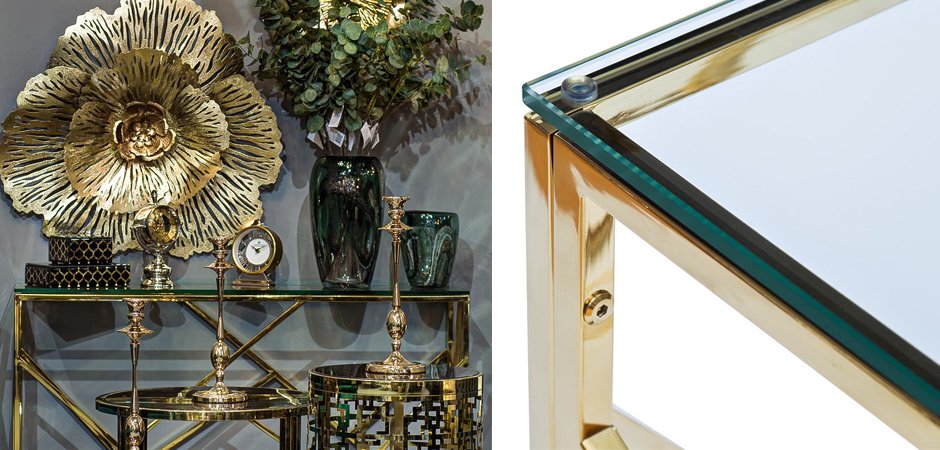 Консоль Serene Furnishing Gold Clear Glass Top Console Консоль Serene Furnishing Gold Clear Glass Top Console - Loft-Concept в Саратове