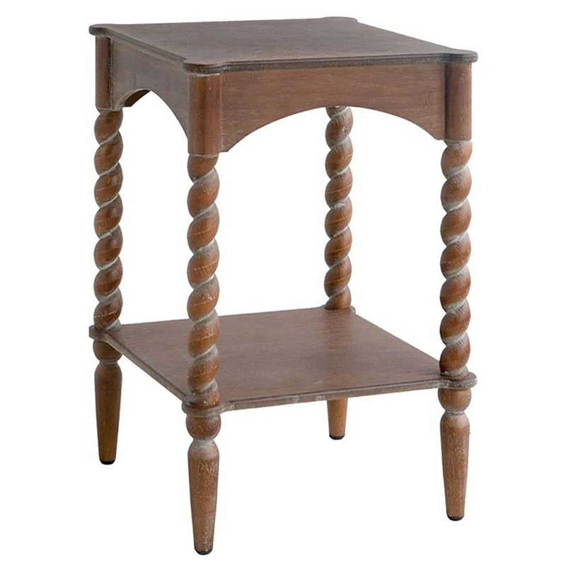 Приставной столик деревянный с резными ножками и нижней полкой Vintage Side Table Brown Wood Коричневый в Саратове | Loft Concept 