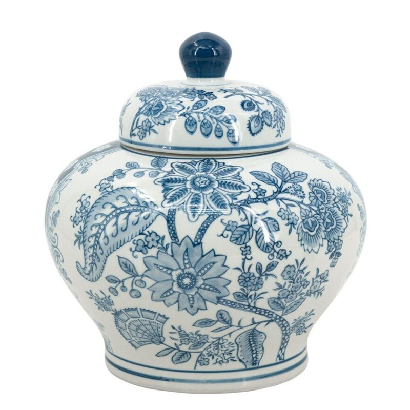 Ваза с крышкой и синим узором в виде цветов и листьев Blue & White Ornament Белый Синий Ваза с крышкой и синим узором в виде цветов и листьев Blue & White Ornament Белый Синий в Саратове | Loft Concept