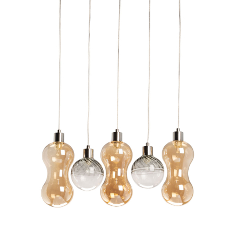 Люстра с 3-мя плафонами волнообразной формы цвета янтарь и 2-мя прозрачными шарообразными плафонами Lucid Rain  Черный Прозрачный Янтарный в Саратове | Loft Concept 