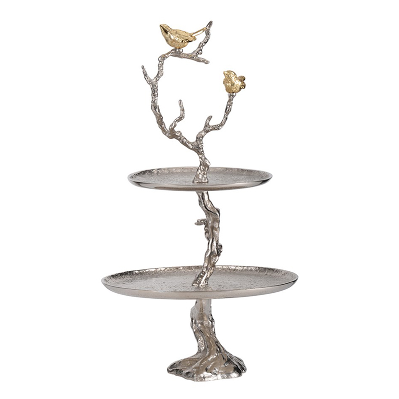 Блюдо двухъярусное Birds on Branches silver Сатиновое Серебро  Золотой в Саратове | Loft Concept 