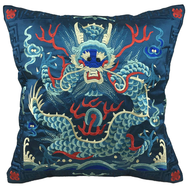 Декоративная подушка с вышивкой Chinese Dragon Blue Мульти Синий в Саратове | Loft Concept 