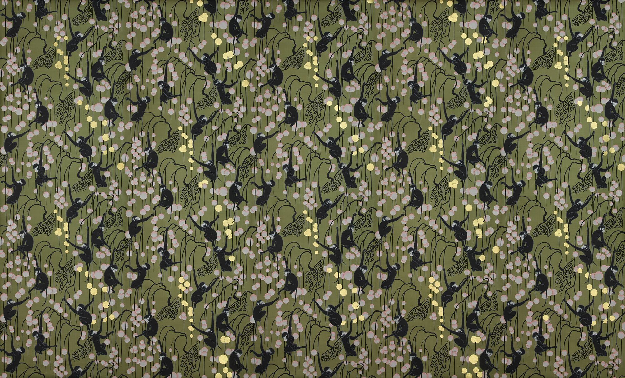 Обои ручная роспись Deco Monkeys Special Colourway on Olive dyed silk Обои ручная роспись Deco Monkeys Special Colourway on Olive dyed silk - постер Loft-Concept в Саратове