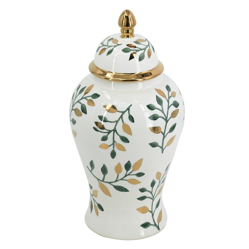 Ваза белая с крышкой с рисунком зеленых и золотых листьев 40 см Chinoiserie Ceramics Белый Зеленый Золотой Ваза белая с крышкой с рисунком зеленых и золотых листьев 40 см Chinoiserie Ceramics Белый Зеленый Золотой в Саратове | Loft Concept