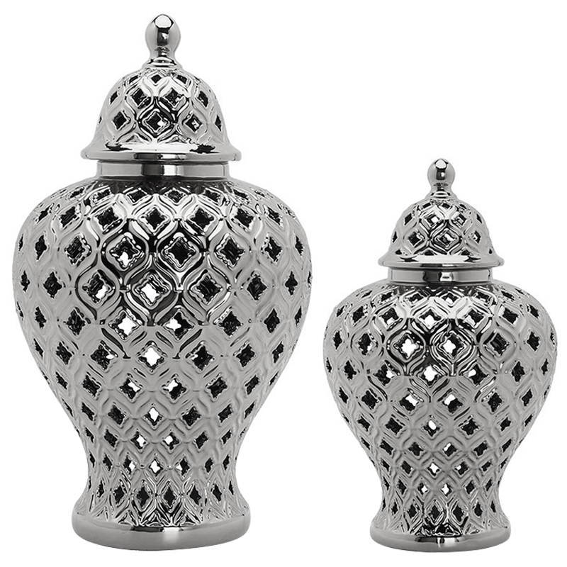 Ваза с крышкой Ceramic Silver Carving Vase Серебряный в Саратове | Loft Concept 