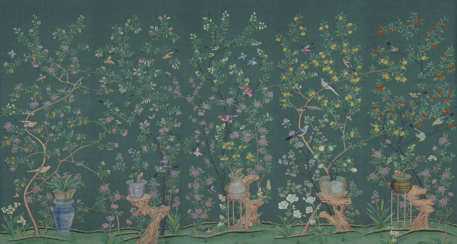 Обои ручная роспись Jardinieres & Citrus Trees Blue green - фото