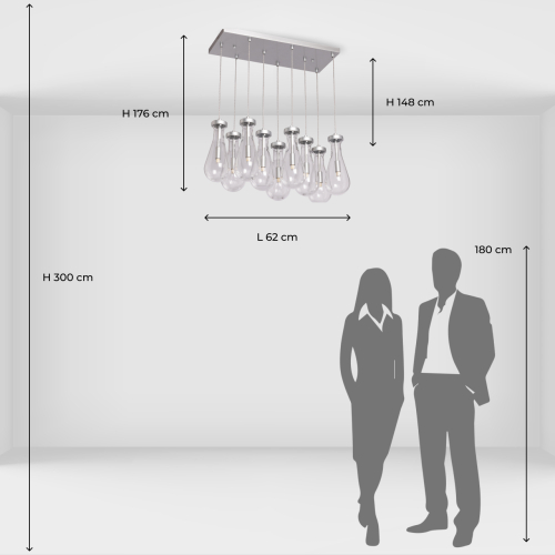Люстра с 9-ю прозрачными плафонами из стекла в форме капли на прямоугольном потолочном основании цвета хром Lucid Rain  в Саратове