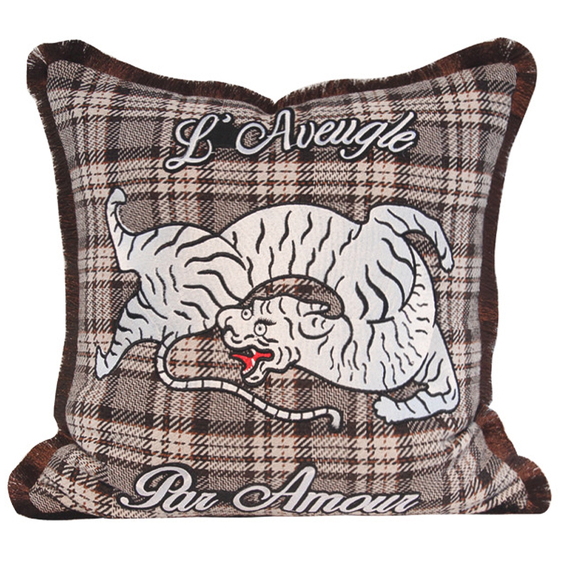 Декоративная подушка с вышивкой Стиль Gucci Plaid Print Tiger Cushion Коричневый Бежевый Красный в Саратове | Loft Concept 