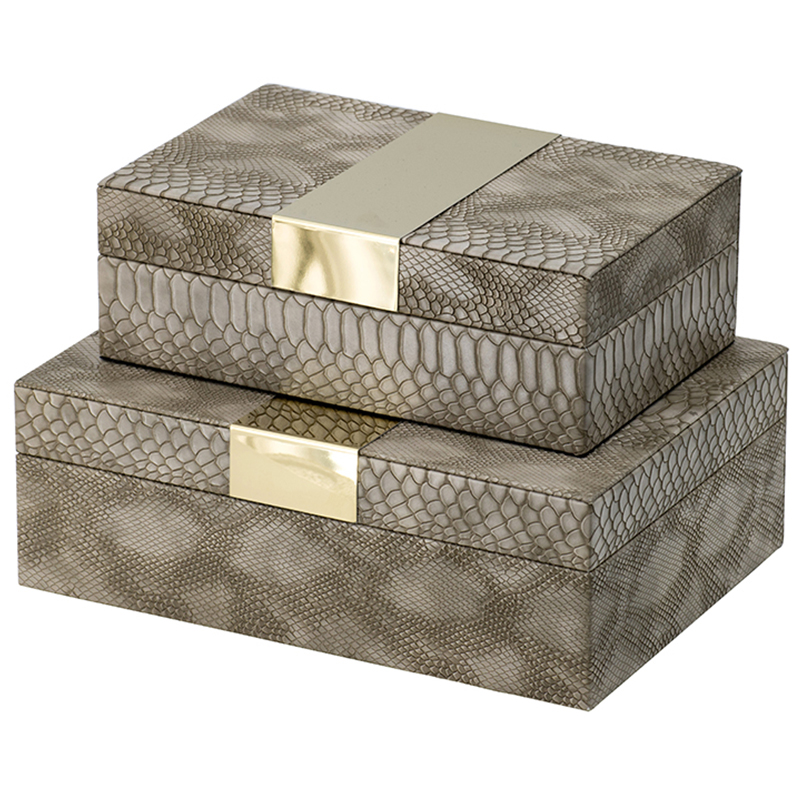 Комплект шкатулок Imitation Snakeskin Boxes Бежево-серый Глянцевое золото в Саратове | Loft Concept 