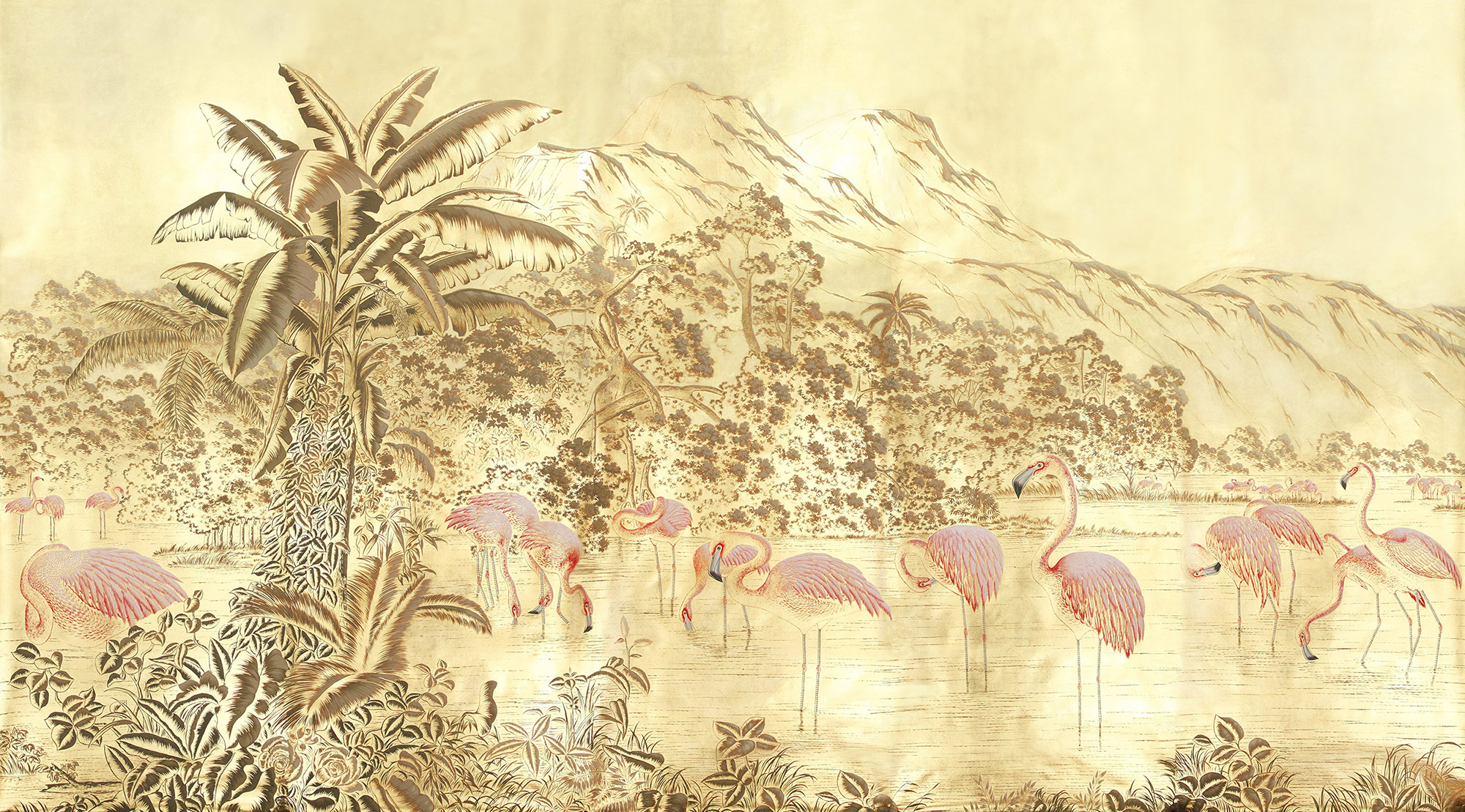 Обои ручная роспись Flamingos Flamingo on Deep Rich Gold gilded paper Обои ручная роспись Flamingos Flamingo on Deep Rich Gold gilded paper - постер Loft-Concept в Саратове