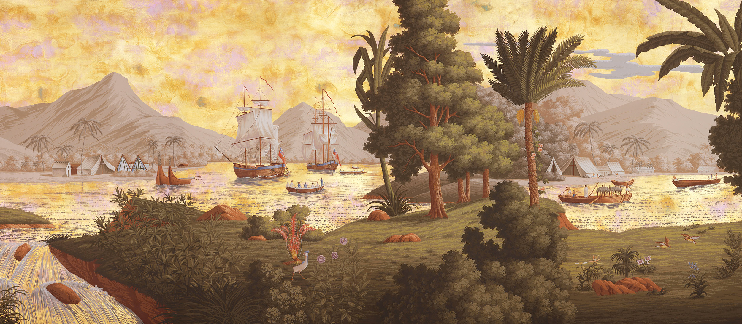 Обои ручная роспись Voyage of the Pacific Amarelo on Deep Rich Gold gilded paper with antiquing Обои ручная роспись Voyage of the Pacific Amarelo on Deep Rich Gold gilded paper with antiquing - постер Loft-Concept в Саратове