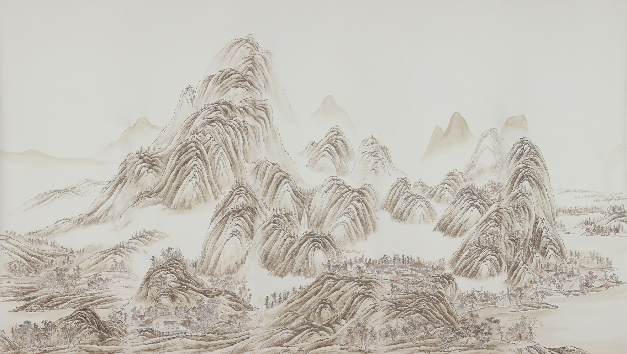 Обои ручная роспись A Thousand Li of Rivers and Mountains Special Colourway on Bleached White dyed silk 2 Обои ручная роспись A Thousand Li of Rivers and Mountains Special Colourway on Bleached White dyed silk 2 - постер Loft-Concept в Саратове